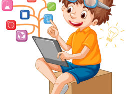 A boy using tablet for distance learning online