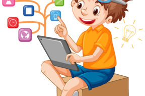 A boy using tablet for distance learning online