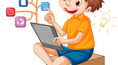 A boy using tablet for distance learning online