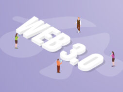 web 3.0 internet technology big text word and people around with modern isometric style