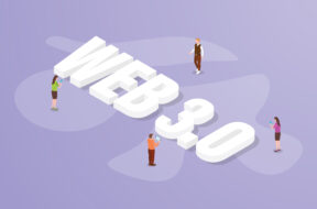 web 3.0 internet technology big text word and people around with modern isometric style