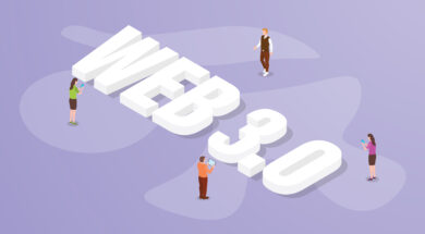 web 3.0 internet technology big text word and people around with modern isometric style