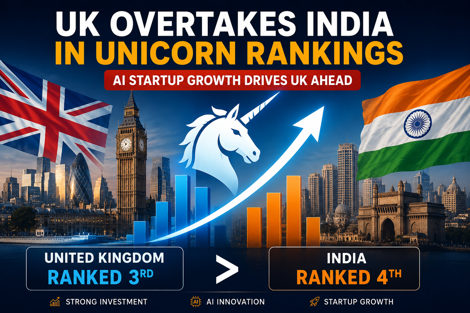 UK overtakes India in unicorn rankings with AI startup growth, strong investment, and rising technology innovation.