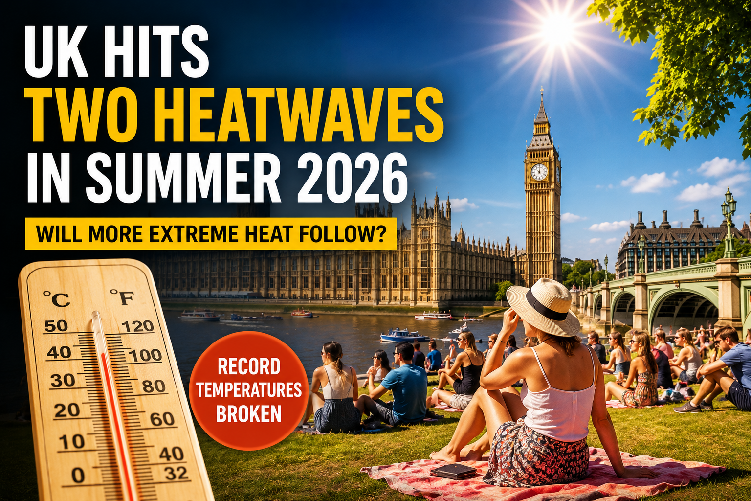 People enjoy warm weather in London during the UK Summer 2026 heatwave.