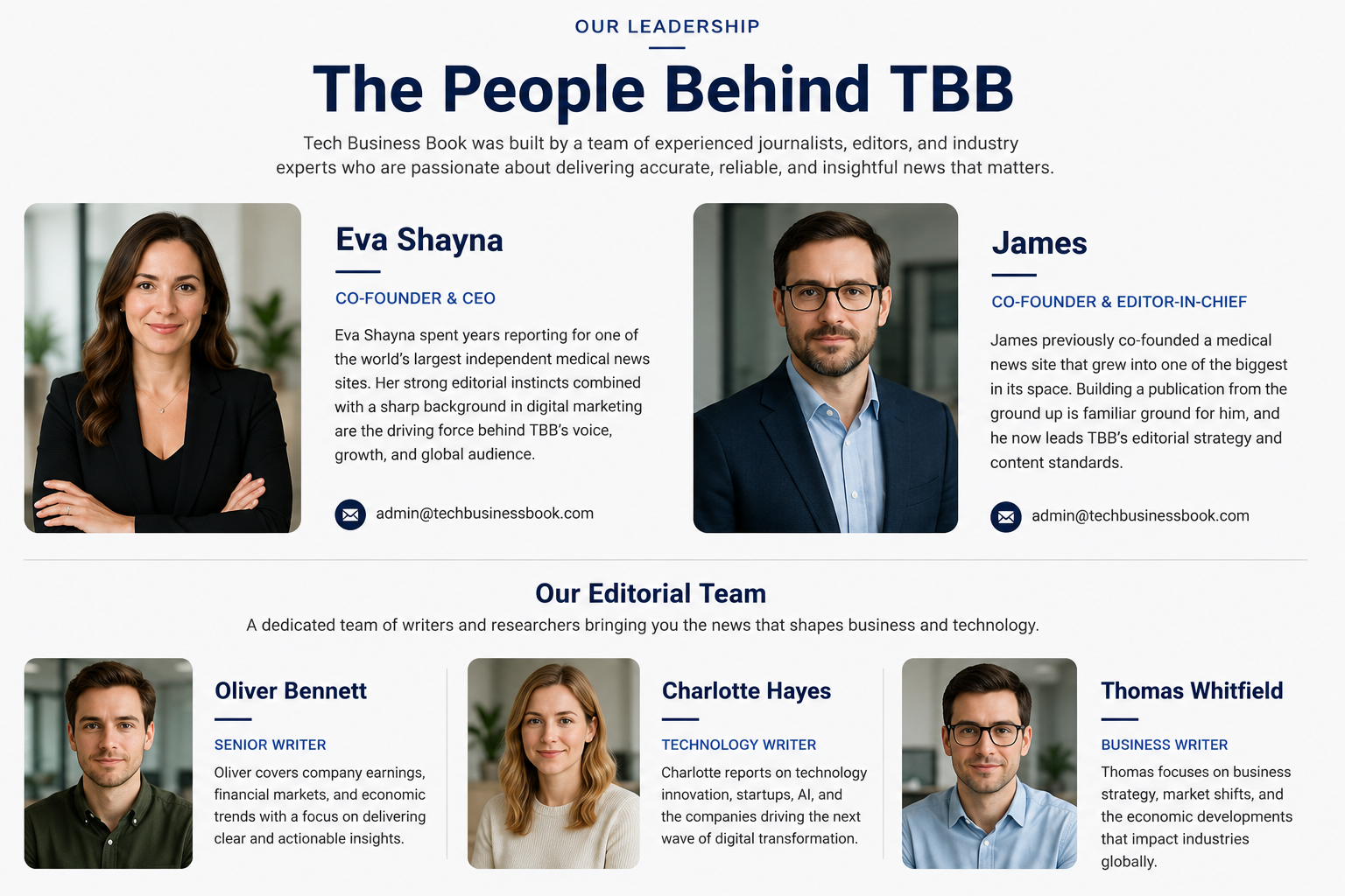Tech Business Book leadership and editorial team including co-founders and writers covering business and technology news