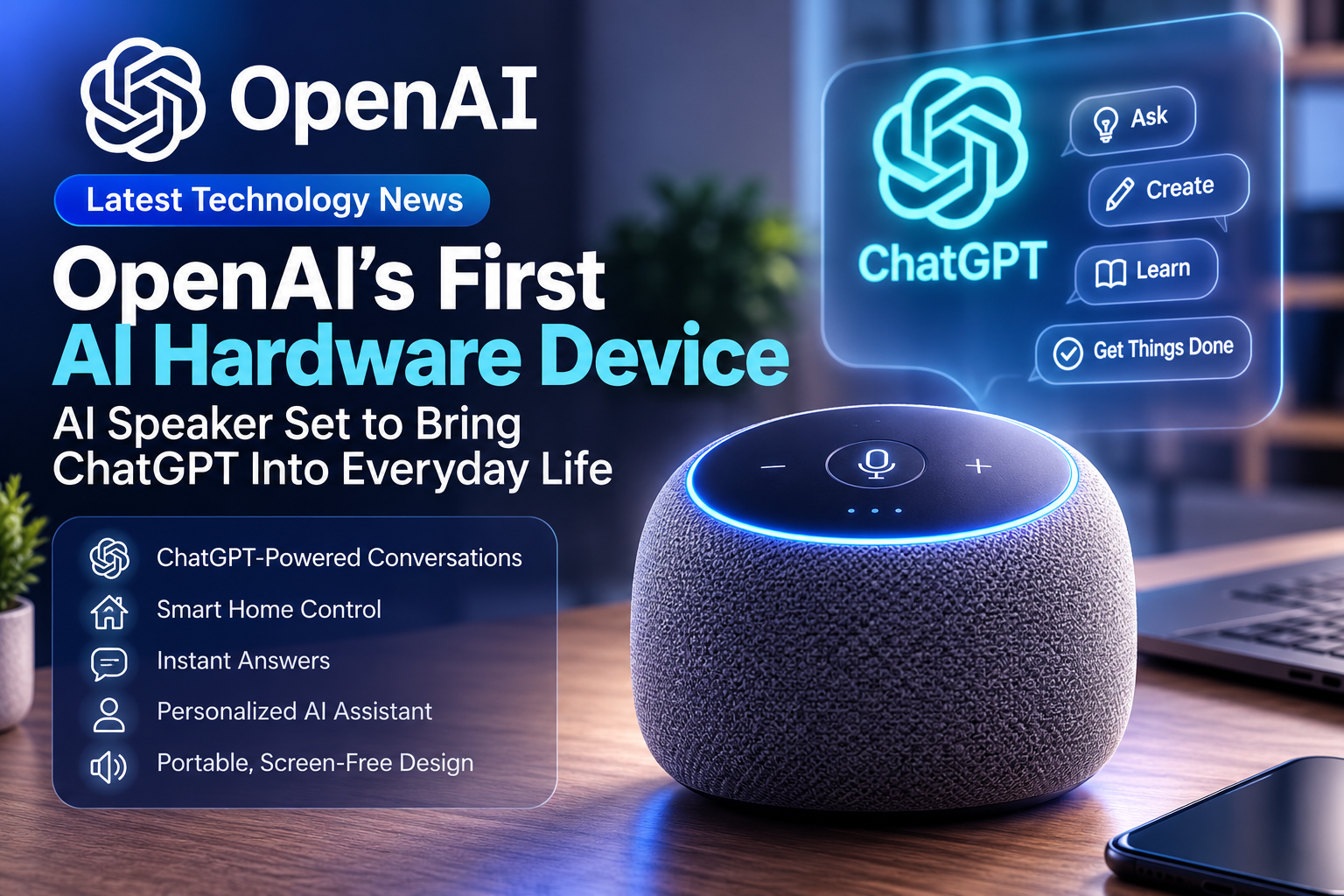 Open AI's first AI hardware device concept featuring a Chat GPT-powered AI speaker for smart voice assistance.