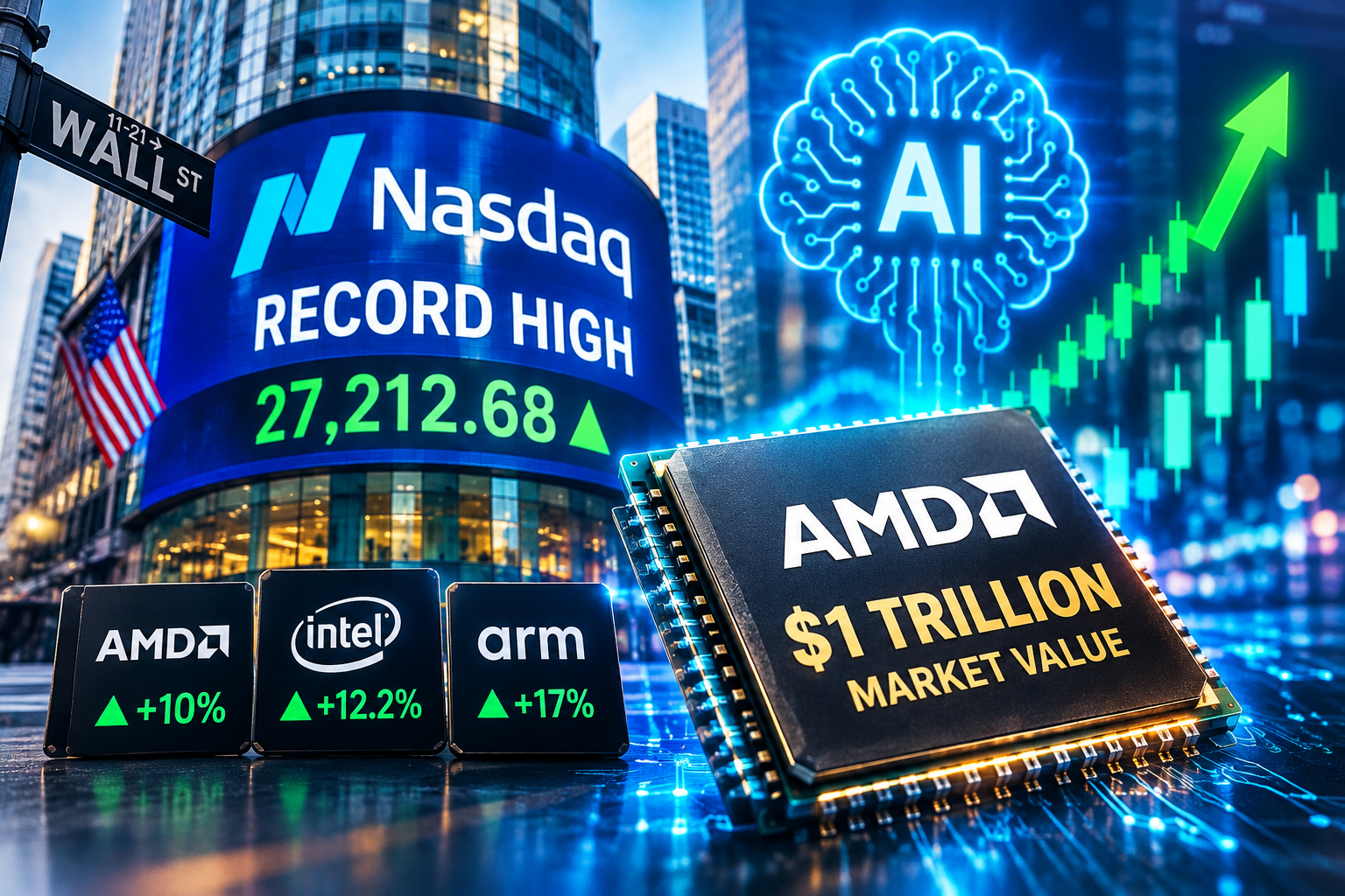 Nasdaq record high as AI stocks rally and AMD reaches $1 trillion market value