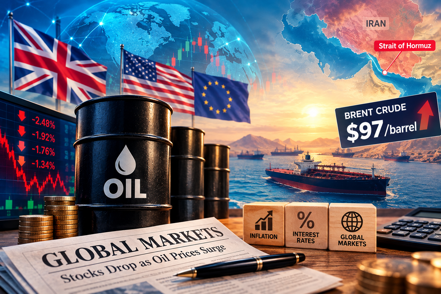 Global stocks under pressure as oil nears $100 and inflation risks rise