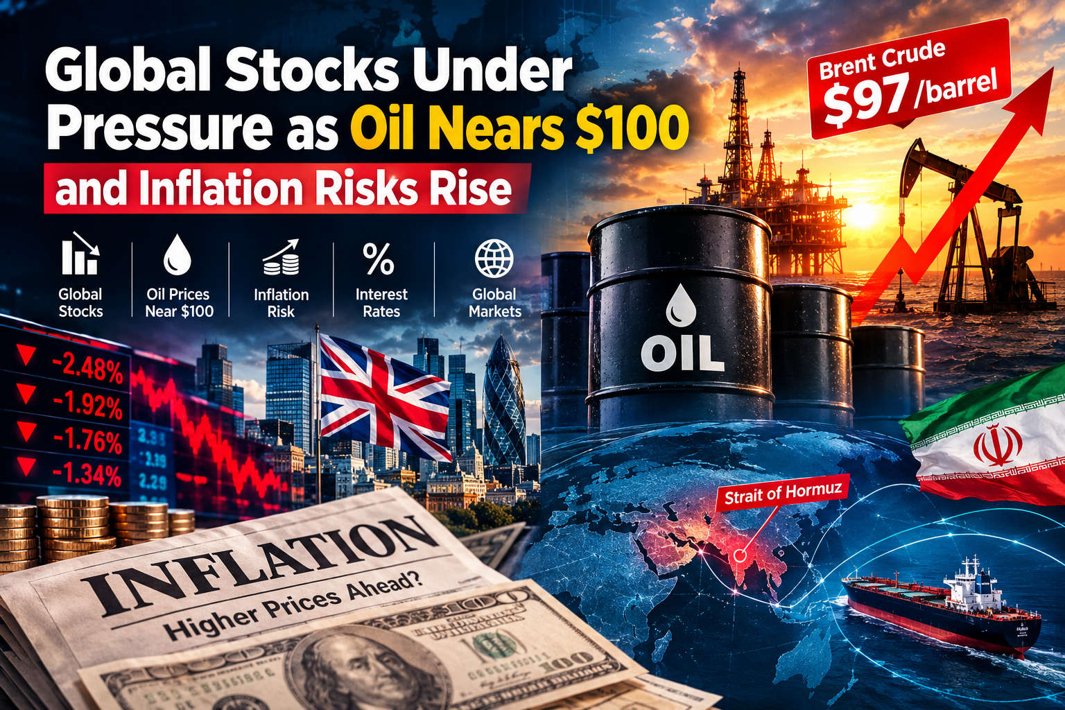 Global Stocks Under Pressure as Oil Nears $100 and Inflation Risks Rise