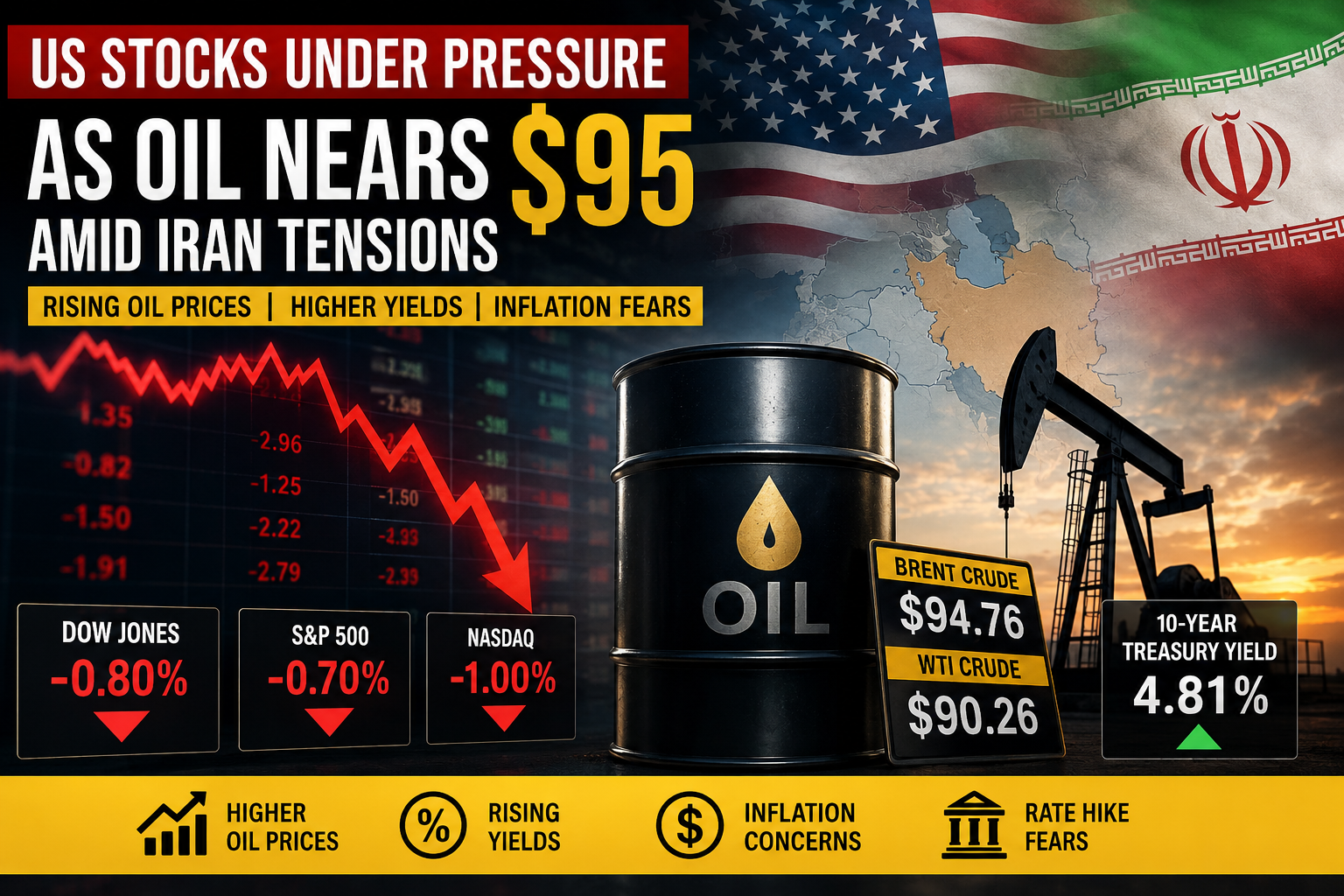 US stock market under pressure as Brent crude oil nears $95 amid US-Iran tensions, rising Treasury yields, and inflation concerns.