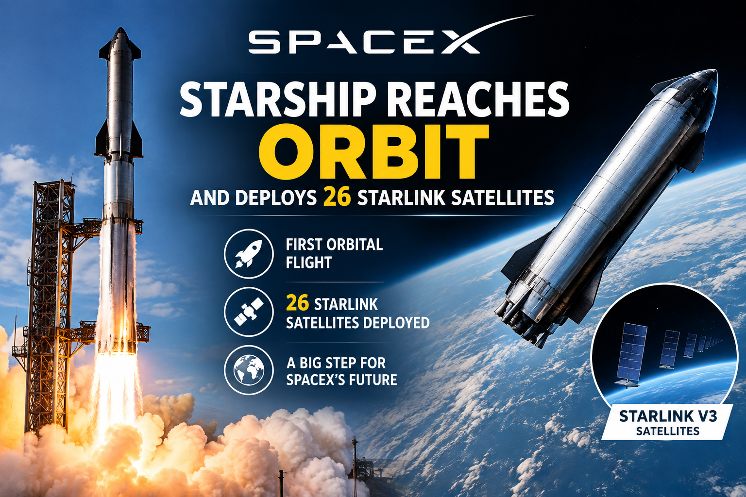 SpaceX Starship Reaches Orbit and Deploys 26 Starlink V3 Satellites in Major 2026 Milestone