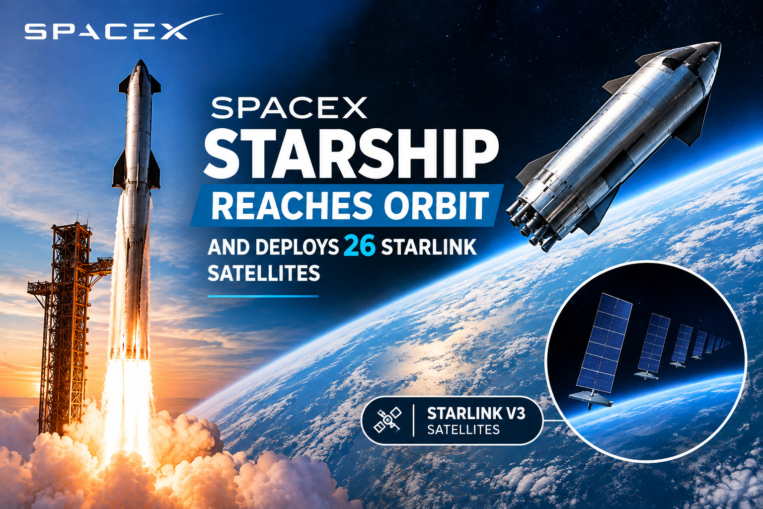 SpaceX Starship reaches orbit and deploys 26 Starlink satellites